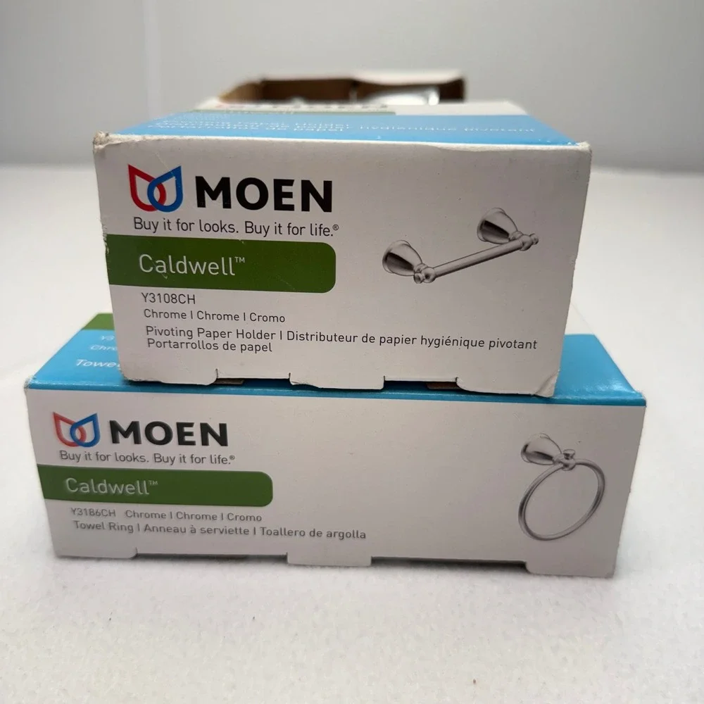 Moen Caldwell Chrome Pivoting Toilet Paper Holder Y3108CH Towel Ring Y3186CH Set